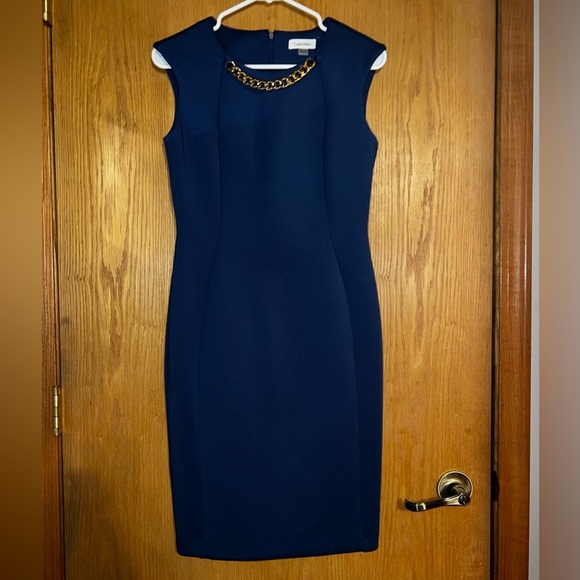 NWOT Calvin Klein Dress Blue Designer Gold Chain Metal New Royal Sleeveless Midi - Picture 6 of 6